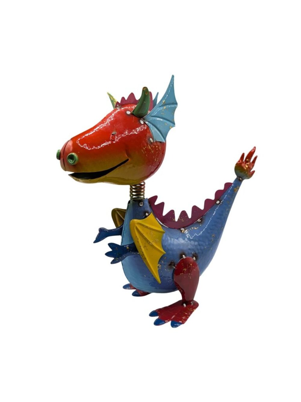 Colorful Metal Dragon Sculpture With Spring Neck - Handcrafted Garden Or Home De